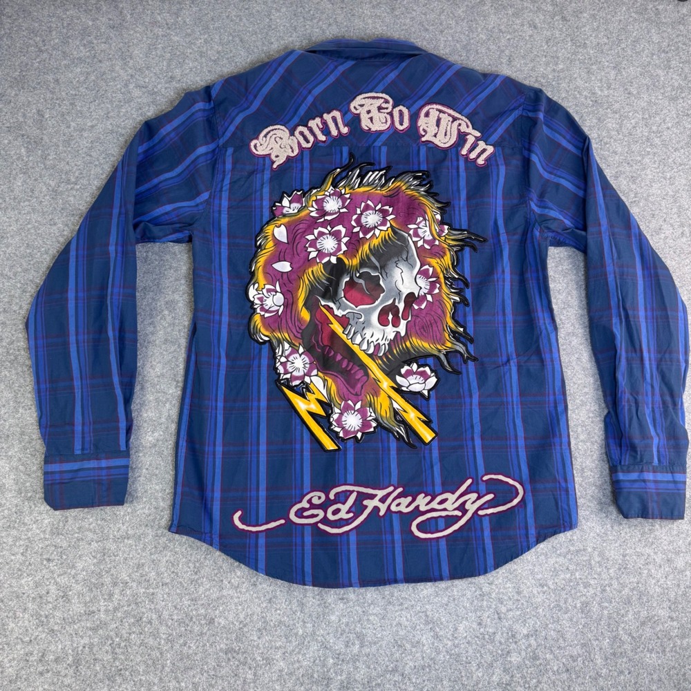 Vintage Y2K Ed Hardy Mens Blue Plaid Born To Win Embroidered Skull Shirt L - Picture 2 of 11